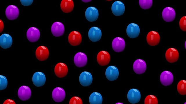 Red, blue, and purple 3D round buttons or tablets falling against a dark black background. High-contrast motion graphics with glossy pill-shaped elements for cinematic video editing and high-end UI co