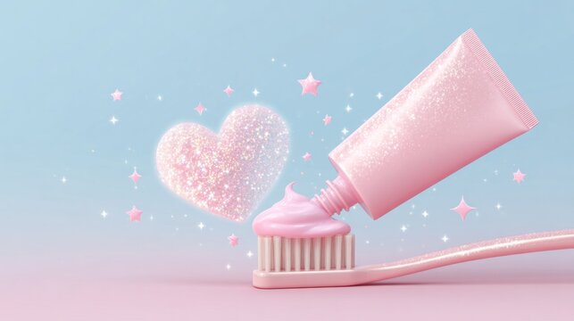 Pink toothbrush drips glittery paste