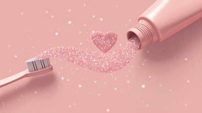 Pink toothpaste sparkles like a heart on a soft background