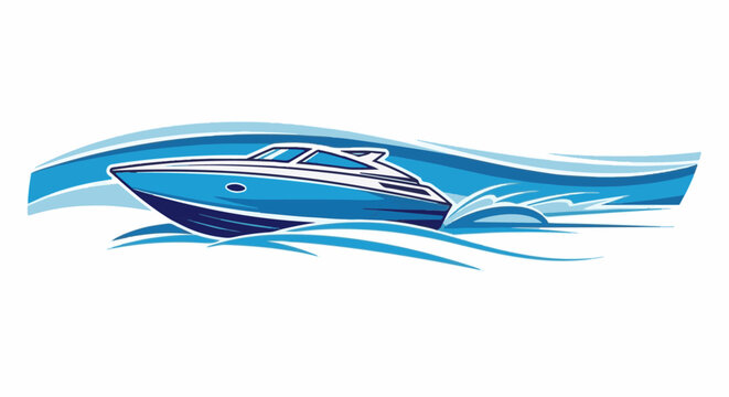 A blue speedboat races through stylized ocean waves with white accents