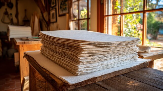 A generous stack of freshly pressed handmade paper sheets, showcasing their natural texture and artisanal quality.