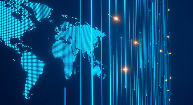 Digital world map formed from glowing binary data code particles with streaming vertical network lines on blue background communication technology internet connection information streaming