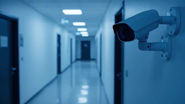 Security camera overlooking hallway.