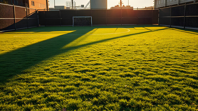 Pristine Manicured Grass Tennis Court with Lengthening Shadows, Golden Hour Light. Empty Outdoor Lawn Sport Venue, Perfect Athletic Setting.