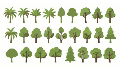 Fototapeta premium Flat Tree Icon Set Vector Tropical and Forest Trees Collection Isolated on White Background
