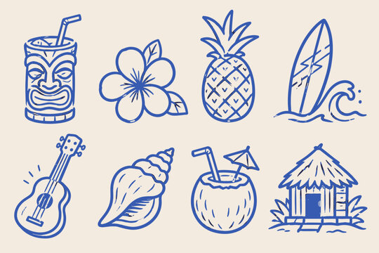 Tropical Hawaiian Vacation Elements Hand Drawn Icon Set Vector Illustration