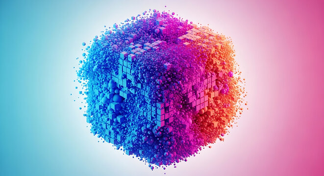 Abstract cube made of small particles in blue and pink gradient with particles abstract gradient geometric background creative floating scattered fragmentation structure