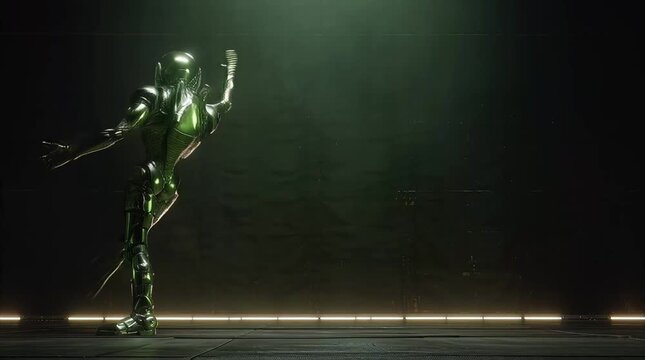 Green Robot Warrior Posing in Dramatic Lighting, Cinematic Slow Motion, Dark Sci-Fi Environment, Gaming and Action Concept