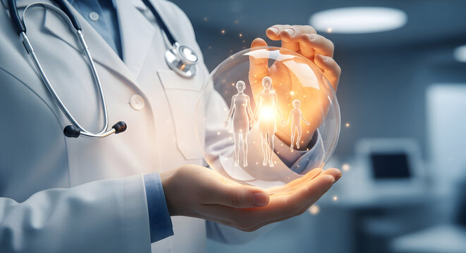 Medical professional holding a glowing transparent sphere containing a family illustration, symbolizing health protection
