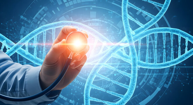 Medical professional holding a stethoscope over glowing DNA double helix structures and digital data elements