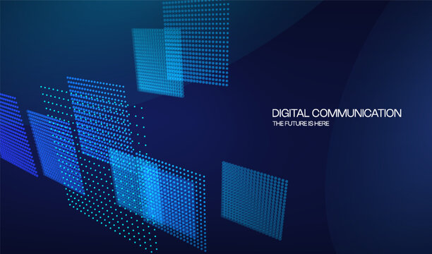 Abstract technology 3D background with digital neon tech square and perspective for big data concept. Party dots grid with tunnel blue led light. 