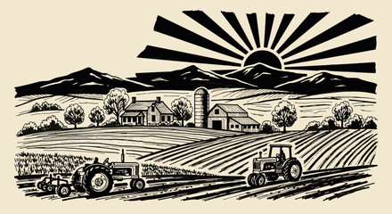 Rustic farm landscape with vintage tractors and farmhouses under a rising sun over mountain ranges in woodcut style vector illustration © Kanon Islam