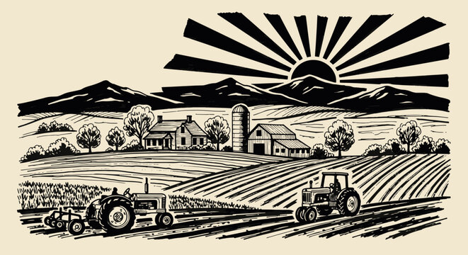 Rustic farm landscape with vintage tractors and farmhouses under a rising sun over mountain ranges in woodcut style vector illustration
