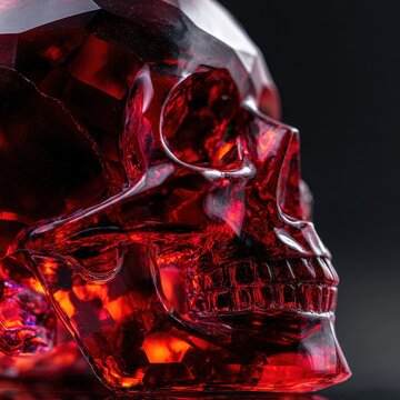 Ruby glass skull showing half-human anatomy, faceted translucent surfaces, dramatic still life