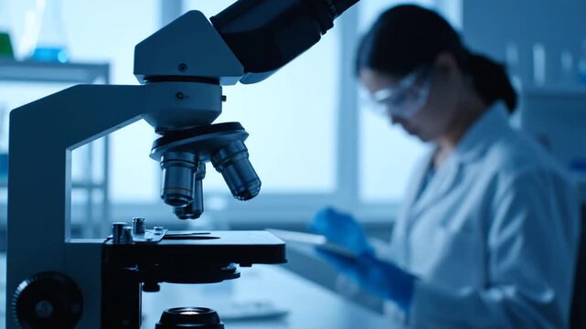 Scientist using microscope in lab.