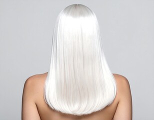 Naklejka premium Woman's back with straight, white-blonde hair, against a plain gray background