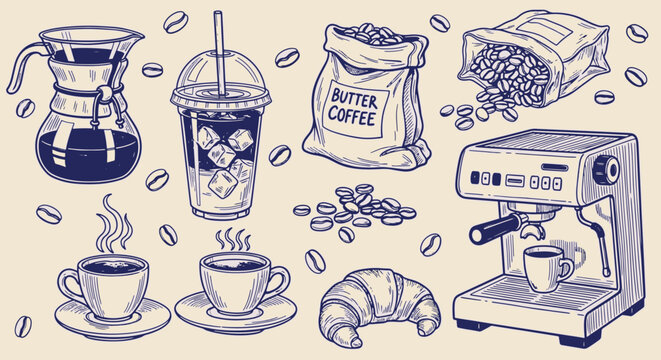 Hand drawn coffee shop collection featuring espresso machine coffee beans iced latte cups pour over carafe and croissant vector illustration