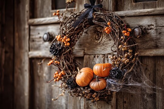 Rustic Halloween wreath for a warm front door with pumpkins, pine cones, and orange accents