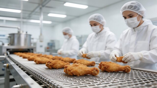 Workers in food processing plant handling fried chicken