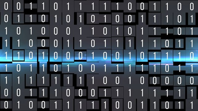 Digital binary code grid with ones and zeros on dark tiles. Futuristic blue lens flare background. Data processing, computer hacking illustration
