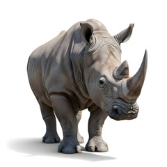 Obraz premium A large gray rhino stands isolated on a white background looking forward