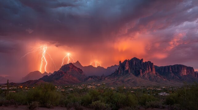 Dramatic desert mountains illuminated by forked lightning strikes during a vibrant, stormy sunset sky