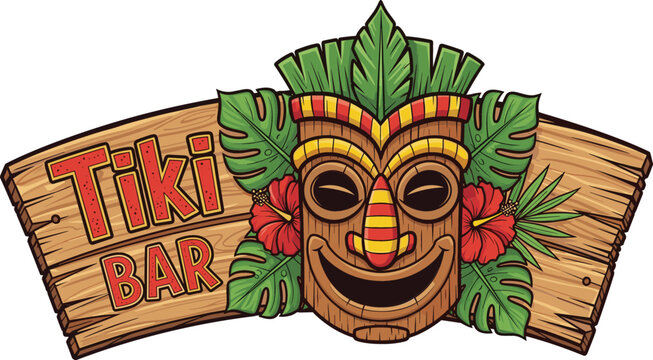 Colorful tiki bar wooden sign with tribal mask, tropical leaves and flowers, Hawaiian style decoration illustration for summer party, beach theme, and exotic branding design