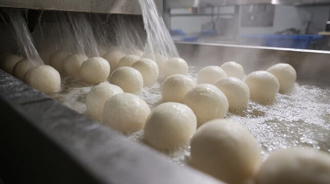 Fresh fishballs are cooked in boiling water during an industrial production process