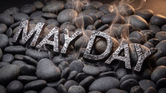 forged iron letters may day on river stones hammered metal texture steam wisps cooling metal pebbles dark artisan background industrial craft composition detail 4K