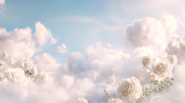 Soft white roses float among fluffy clouds
