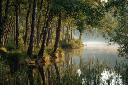 Serene alder grove framing a peaceful lake scene with green foliage