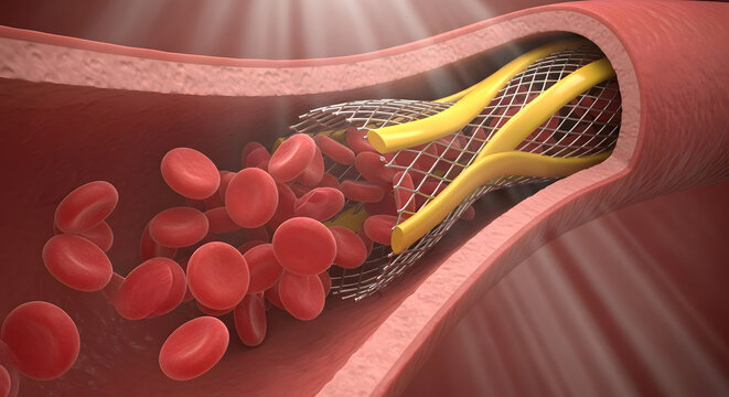 Medical stent expanding in a blood vessel with flowing red blood cells, illustrating angioplasty procedure