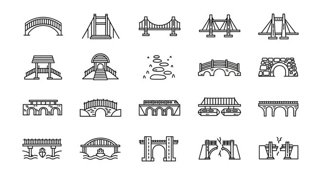 Collection of bridge icons and illustrations in line art style.