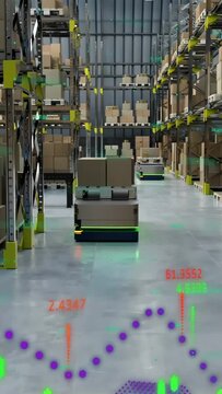 Vertical video: AR overlay appearing, AMR moving along magenta path while data updating for routing