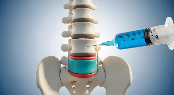 Medical syringe injecting fluid into a human lumbar spinal disc for pain treatment