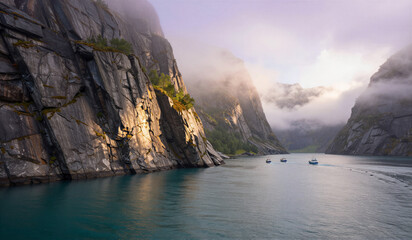 Naklejka premium Rocky fjord cliffs with boats traversing misty inlet