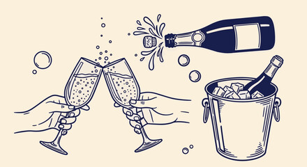 Hands clinking champagne glasses with popping bottle and ice bucket for luxury celebration event anniversary party and toast vector illustration © Kanon Islam