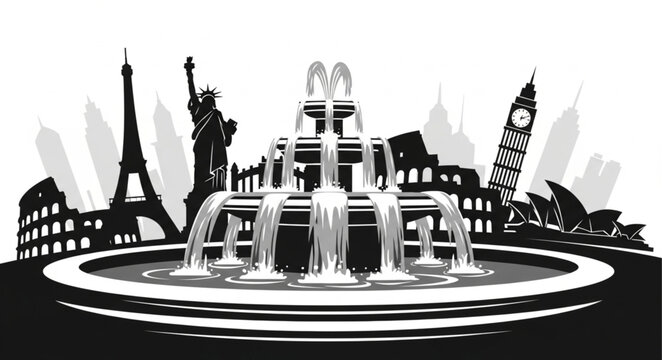 Famous Landmarks Fountain Cityscape Silhouette.