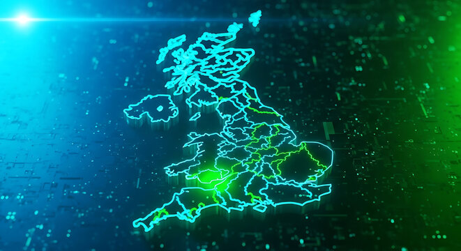 Digital map of united kingdom with glowing connectivity network nodes technology connectivity abstract communication geography internet business infrastructure information electronic