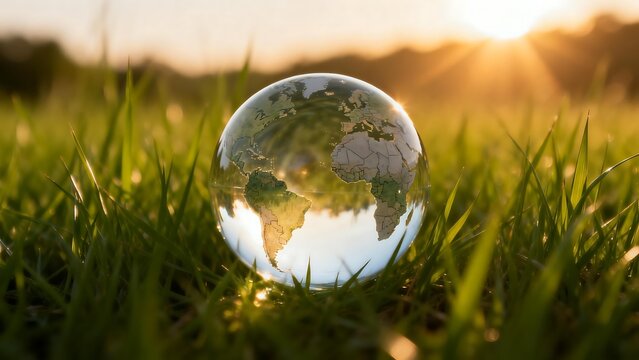 Glass globe in grass at sunset