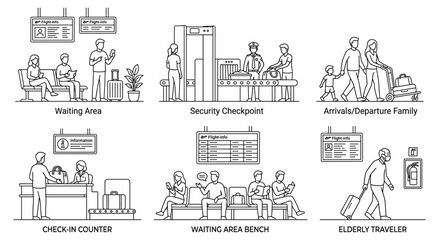 Naklejka premium Six airport scene illustrations including security check waiting area boarding and check in counters. Professional line art icons depicting modern travel procedures and passenger terminal activities.