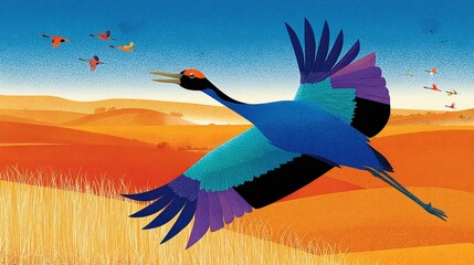 Obraz premium Vibrant blue crane flies over a scenic golden landscape under a clear sky.