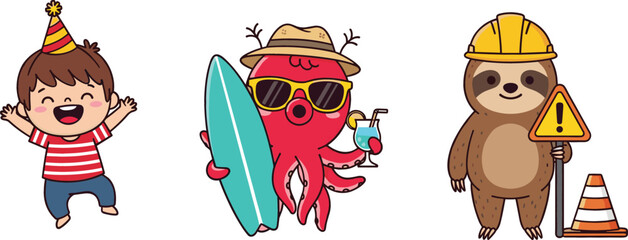 Happy cartoon kid celebrating birthday, cool octopus surfer with sunglasses and drink, and construction worker sloth holding warning sign vector illustration © Sanjida