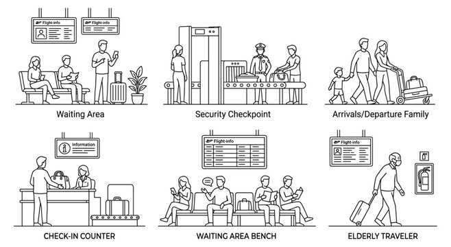 Six airport scene illustrations including security check waiting area boarding and check in counters. Professional line art icons depicting modern travel procedures and passenger terminal activities.