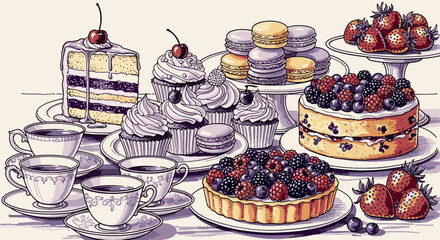 Elegant dessert spread with berry tart cupcakes macarons layered cream cake and vintage tea cups for a sweet cafe vector illustration © Kanon Islam