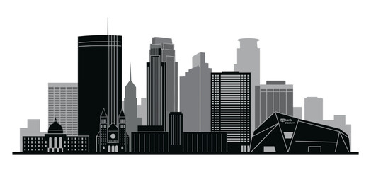 Obraz premium Minneapolis skyline vector silhouette illustration featuring downtown skyscrapers historic church and modern arena architecture