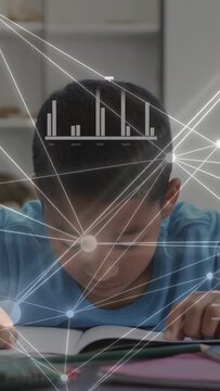 Vertical video: Boy tracing text on book, leaning to study while net overlay sliding, not affecting