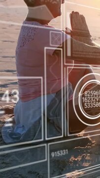 Vertical video: Senior woman kneeling, sun lowering causing prayer pose, HUD overlaying health data