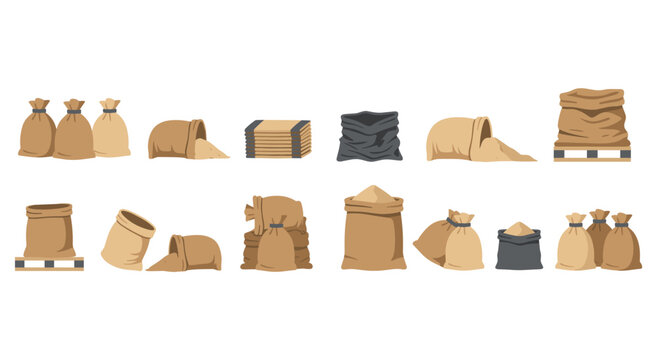 Detailed set of canvas bags and burlap sacks for storage. Flat vector illustrations of agricultural harvest containers. Industrial packaging for construction supplies or dry food ingredients.