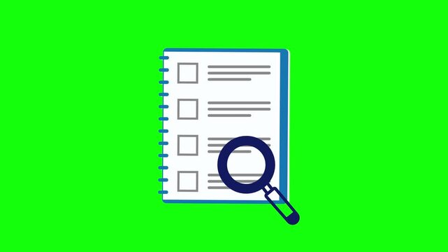 checklist notebook with verification magnifier green screen background, document checklist review with checkmark chroma key screen, task checklist validation icon with magnifying glass green screen